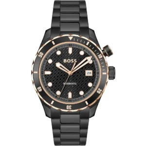 1514215 hugo boss watch bossmatic men black dial stainless steel metal strap automatic analog three hand runner
