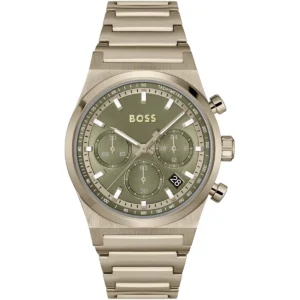 1514222 hugo boss watch men green dial stainless steel metal brown strap quartz battery analog chronograph candor