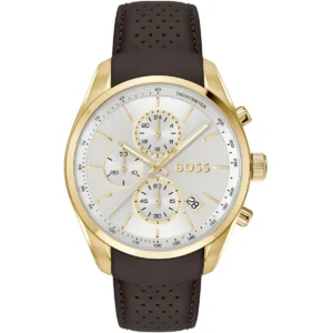 1514225 hugo boss watch men silver dial leather brown strap quartz battery analog chronograph grand prix