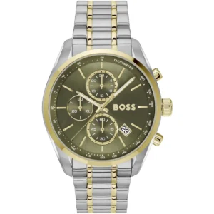 1514227 hugo boss watch men two tone green dial stainless steel metal silver gold strap quartz battery analog chronograph grand prix