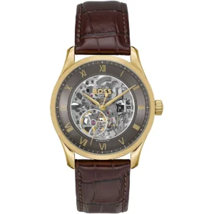 1514235 hugo boss watch automatic men gray dial leather brown strap analog three hand principle skeleton