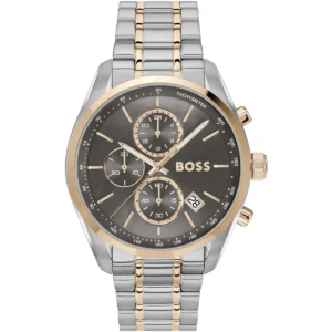 1514252 hugo boss watch men two tone gray dial stainless steel metal silver rose gold strap quartz battery analog chronograph grand prix