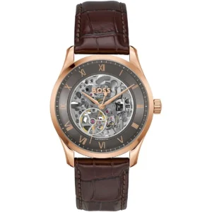 1514253 hugo boss watch automatic men gray dial leather brown strap analog three hand principle skeleton