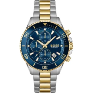 1514257 hugo boss watch 10bar 330ft men two tone blue dial stainless steel metal silver gold strap quartz battery analog chronograph admiral