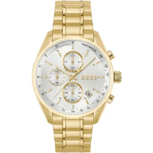 1514261 hugo boss watch men silver dial stainless steel metal gold strap quartz battery analog chronograph grand prix