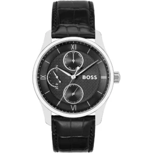 1514272 hugo boss watch men patterned black dial leather strap quartz battery analog three hand principle master