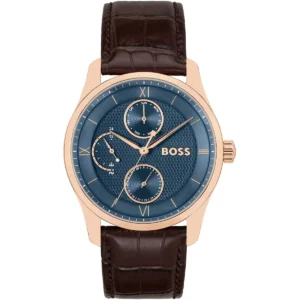 1514273 hugo boss watch men patterned blue dial leather brown strap quartz battery analog three hand principle master