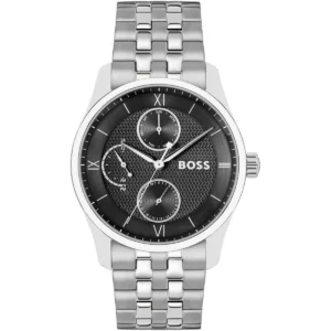 1514274 hugo boss watch men patterned black dial leather silver strap quartz battery analog three hand principle master