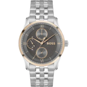 1514275 hugo boss watch men patterned gray dial leather silver strap quartz battery analog three hand principle master