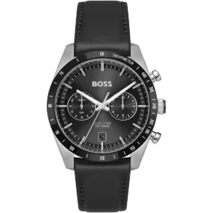 1514284 hugo boss watch dual time wr 5bar men black dial leather strap quartz battery analog three hand tourmaster