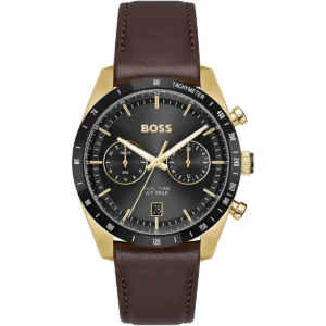 1514285 hugo boss watch dual time wr 5bar men black dial leather brown strap quartz battery analog three hand tourmaster