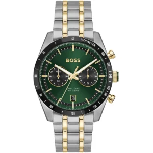 1514287 hugo boss watch dual time wr 5bar men green dial stainless steel metal silver gold strap quartz battery analog three hand tourmaster