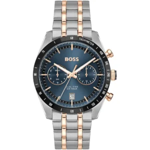 1514288 hugo boss watch dual time wr 5bar men blue dial stainless steel metal silver rose gold strap quartz battery analog three hand tourmaster