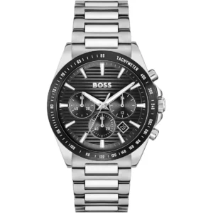 1514290 hugo boss watch men black dial stainless steel metal silver strap quartz battery analog chronograph strike