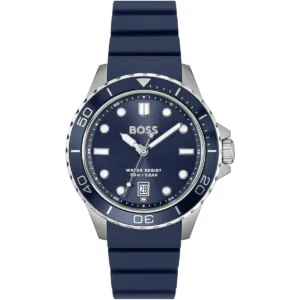 1514292 hugo boss watch water resist 50m 5bar men blue dial rubber strap quartz battery analog three hand troper sport