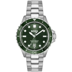 1514294 hugo boss watch water resist 50m 5bar men green dial stainless steel metal silver strap quartz battery analog three hand troper sport
