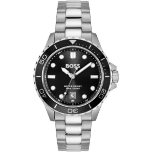 1514295 hugo boss watch water resist 50m 5bar men black dial stainless steel metal silver strap quartz battery analog three hand troper sport