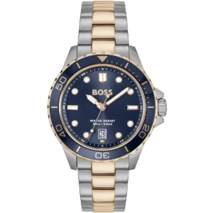 1514296 hugo boss watch water resist 50m 5bar men two tone blue dial stainless steel metal silver rose gold strap quartz battery analog three hand troper sport
