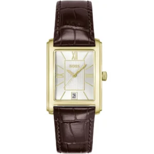 1514300 hugo boss watch men square silver dial leather brown strap quartz battery analog three hand principle dress