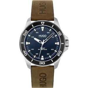 1530220 hugo boss watch 5bar 50meters men blue dial leather brown strap quartz battery analog three hand street diver