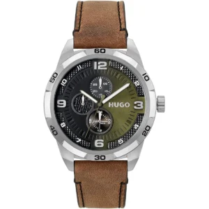 1530274 hugo boss watch men green dial leather brown strap quartz battery analog three hand grip