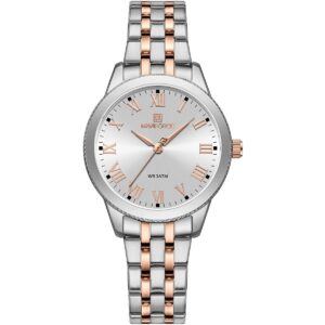 nf5032 s w rg naviforce watch wr 3atm women white dial stainless steel metal silver rose gold strap quartz battery analog three hand for dream