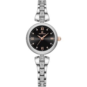 nf5034 s b naviforce watch women crystals black dial stainless steel metal silver strap quartz battery analog three hand for dream