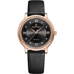 nf5036 rg b b naviforce watch wr 3atm women crystals black dial leather strap quartz battery analog three hand for dream