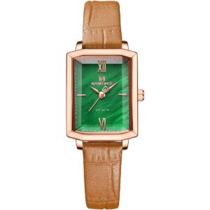 nf5039 rg gn bn naviforce watch wr 3atm women green dial leather brown strap quartz battery square analog three hand for dream