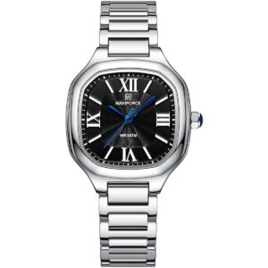 nf5042 s b s naviforce watch wr 3atm women black dial stainless steel metal silver strap quartz battery square analog three hand for dream