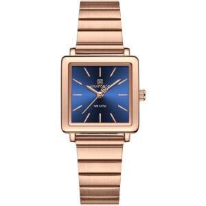 nf5048 rg be rg naviforce watch wr 3atm women square blue dial metal stainless steel rose gold strap quartz battery analog three hand for dream