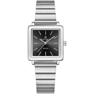 nf5048 s b s naviforce watch wr 3atm women square black dial metal stainless steel silver strap quartz battery analog three hand for dream
