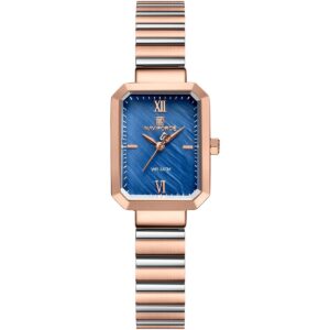 nf5050 rg be rg naviforce watch wr 3atm women two tone square blue dial metal stainless steel silver rose gold strap quartz battery analog three hand for dream