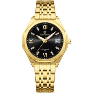 nf5052 g b g naviforce watch water resistant 30m women black dial metal stainless steel gold strap quartz battery analog three hand for dream