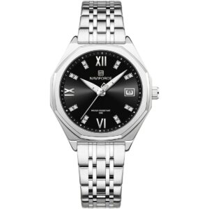 nf5052 s b s naviforce watch water resistant 30m women black dial metal stainless steel silver strap quartz battery analog three hand for dream
