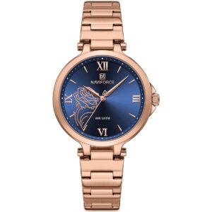 nf5060 rg be naviforce watch wr 3atm women flower blue dial metal stainless steel rose gold strap quartz battery analog three hand for dream