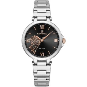 nf5060 s b naviforce watch wr 3atm women flower black dial metal stainless steel silver strap quartz battery analog three hand for dream