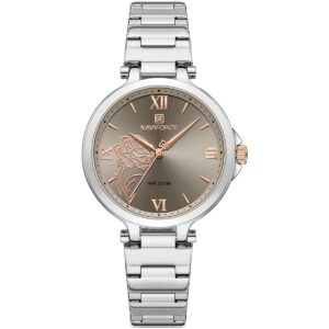 nf5060 s gy naviforce watch wr 3atm women flower gray dial metal stainless steel silver strap quartz battery analog three hand for dream