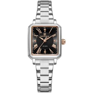 nf5065 s b naviforce watch wr 3atm women square black dial metal stainless steel silver strap quartz battery analog three hand for dream