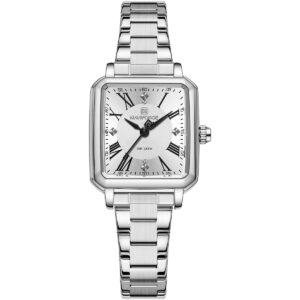 nf5065 s w naviforce watch wr 3atm women square white dial metal stainless steel silver strap quartz battery analog three hand for dream