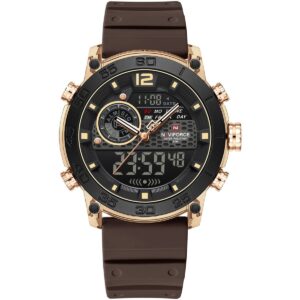 nf6104 rg y ce naviforce watch water resistant 50m men black dial rubber brown strap quartz battery digital analog three hand for dream