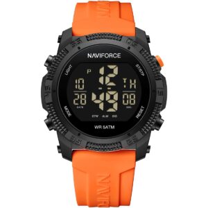 nf7104 b o naviforce watch wr 5atm men black dial rubber orange strap quartz battery digital chronograph for dream