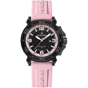 nf7125 b p p naviforce watch water resistant 50m women black dial rubber pink strap quartz battery analog three hand for dream