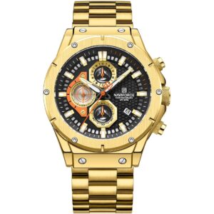 nf8026 g b naviforce watch chronograph wr 3atm men black dial stainless steel metal gold strap quartz battery analog for dream