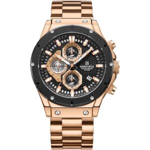 nf8026 rg b naviforce watch chronograph wr 3atm men black dial stainless steel metal rose gold strap quartz battery analog for dream