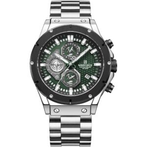 nf8026 s gn naviforce watch chronograph wr 3atm men green dial stainless steel metal silver strap quartz battery analog for dream