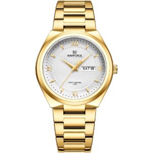 nf8030 g w naviforce watch water resistant 30m men white dial stainless steel metal gold strap quartz battery analog three hand for dream