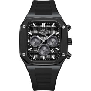 nf8037 b b b naviforce watch chronograph wr 3atm men black dial rubber strap quartz battery square analog for dream