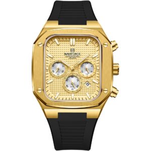 nf8037 g g b naviforce watch chronograph wr 3atm men gold dial rubber black strap quartz battery square analog for dream