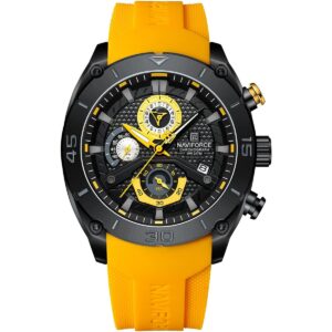nf8038 b b y naviforce watch chronograph wr 3atm men black dial rubber yellow strap quartz battery analog for dream